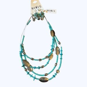 Mixit Womens Multi‎ Layered Beaded Strand Earrings & Necklace Set Turquoise NWT
